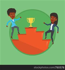 Business women competing for the trophy. Two competitive businesswomen running up for the winner cup. Business competition concept. Vector flat design illustration in the circle isolated on background. Businesswomen competing for the business award.