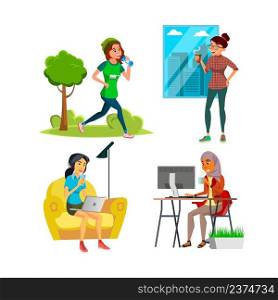 Business Women Drinking Tasty Beverage Set Vector. Businesswomen Drinking Hot Coffee And Tea Drink In Office, Enjoying Juice At Home, Running And Refreshing Water. Character Flat Cartoon Illustrations. Business Women Drinking Tasty Beverage Set Vector