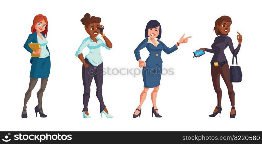 Business women in office clothes isolated on white background. Vector cartoon set of confident female workers, professional leaders, managers and entrepreneurs with smartphones and documents. Confident business women in office clothes