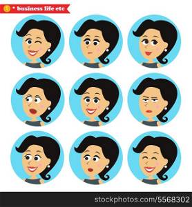 Business women life. Facial emotions icons set vector illustration