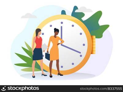 Business women looking at clock hands. Colleagues standing at clock, watching time, consulting watch. Time management concept. Vector illustration for posters, presentation slides, landing pages