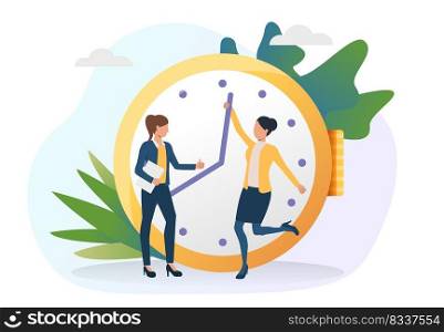 Business women moving clock hands ahead. Colleagues standing at clock, showing thumb up. Time management concept. Vector illustration for posters, presentation slides, landing pages