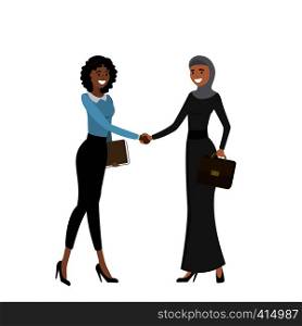 Business women of different nationalities shake hands,cartoon vector illustration isolated on white background. Business women of different nationalities shake hands