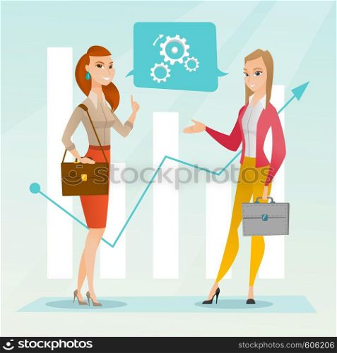 Business women talking on background of financial graph. Business women discussing situation on financial market. Financiers analyzing statistical data. Vector flat design illustration. Square layout.. Business women analyzing financial data.