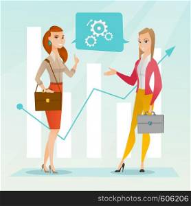 Business women talking on background of financial graph. Business women discussing situation on financial market. Financiers analyzing statistical data. Vector flat design illustration. Square layout.. Business women analyzing financial data.