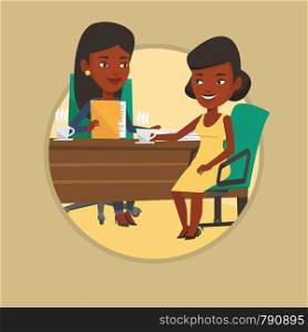 Business women talking on business meeting. Business women drinking coffee on meeting. Businesswomen during business meeting. Vector flat design illustration in the circle isolated on background.. Two businesswomen during business meeting.