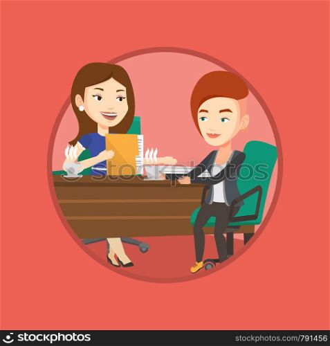Business women talking on business meeting. Business women drinking coffee on meeting. Businesswomen during business meeting. Vector flat design illustration in the circle isolated on background.. Two businesswomen during business meeting.