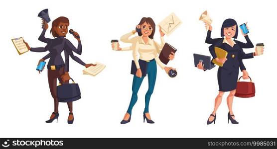 Business women with many hands isolated on white background. Vector cartoon set of professional leaders, managers and entrepreneurs with smartphones, documents and bags in arms. Multitask concept. Multitasking business women with many hands