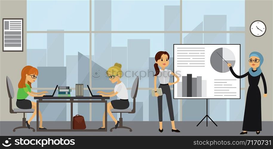 Business women working in modern office,Teamwork, presentation and brainstorming,cartoon vector illustration