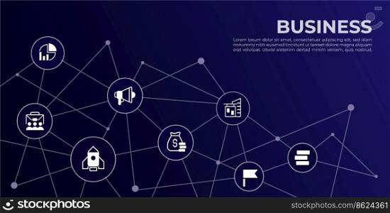 Business word concept design template with icons. Company operations. Infographics with text and editable white glyph pictograms. Vector illustration for web banner, presentation. Montserrat font used. Business word concept design template with icons