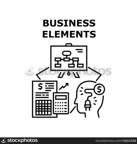 Business Work Elements Vector Icon Concept. Calculator Electronic Gadget And Financial Report Paper List, Strategy Presentation On Board In Conference Room, Business Work Elements Black Illustration. Business Work Elements Concept Black Illustration