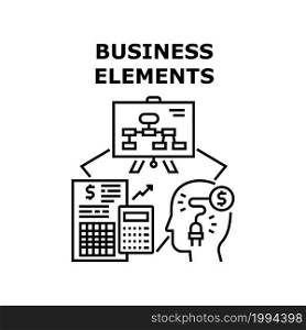 Business Work Elements Vector Icon Concept. Calculator Electronic Gadget And Financial Report Paper List, Strategy Presentation On Board In Conference Room, Business Work Elements Black Illustration. Business Work Elements Concept Black Illustration