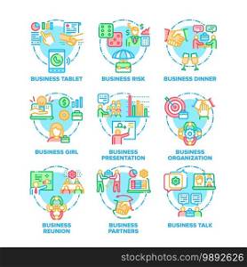 Business Work Set Icons Vector Color Illustrations. Business Tablet And Risk, Dinner And Talk With Business Woman Girl, Company Organiation And Reunion With Partners Color Illustrations. Business Work Set Icons Vector Color Illustrations