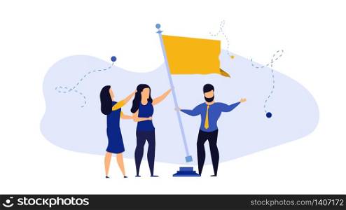 Business work target with flag person vector illustration concept background. Success businessman with team. Career man growth strategy communication. Office center cooperation banner challenge