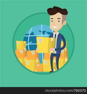 Business worker of international delivery service standing on background of world map and boxes. International delivery concept. Vector flat design illustration in the circle isolated on background.. Business worker of international delivery service.
