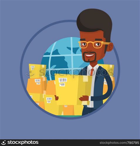 Business worker of international delivery service standing on background of world map and boxes. International delivery concept. Vector flat design illustration in the circle isolated on background.. Business worker of international delivery service.