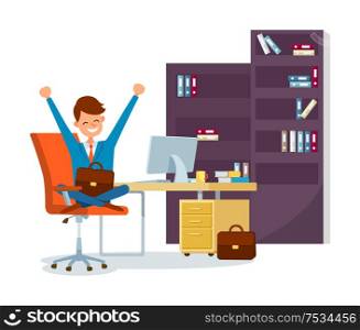Business worker sitting in chair in office at work vector. Director relaxing, stretching boss with good mood. Room interior with case files, folders. Business Worker Sitting in Chair in Office at Work