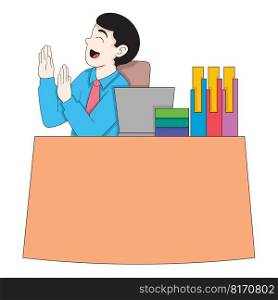 business workers are sitting at desks with a lot of unfinished work. vector design illustration art