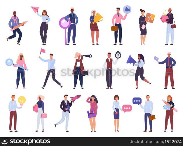Business workers. Office people characters team, brainstorming, time management and startup business isolated vector illustration set. Characters businesswoman and man, teamwork community company. Business workers. Office people characters team, brainstorming, time management and startup business isolated vector illustration set