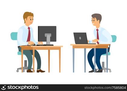 Business workers with computer and laptop at desks vector. Men in shirts with ties, clerks and employees, businessmen or entrepreneurs, financial report. Office Workers with Computer and Laptop at Desks