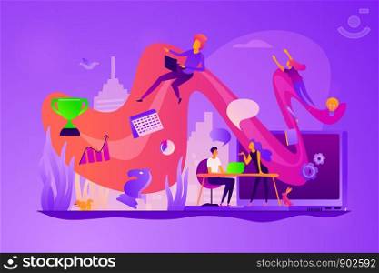 Business workflow, business process efficiency, working activity pattern and business management. Vector isolated concept illustration with tiny people and floral elements. Hero image for website.. Workflow concept vector illustration.