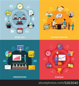 Business Workflow Design Concept. Business design concept with four square compositions of time management icons diagrams and goal achievement images vector illustration