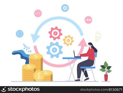 Business Workflow Organization and Management Design Illustration with Teamwork process, Deadlines Respect or Efficient Workday