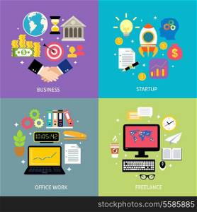 Business workflow types concept startup office work process freelance icons set flat isolated vector illustration