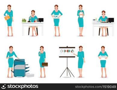 Business working women in smart suit isolated on white, office workers, taking on phone, copying file, presentation, Cartoon character business people, flat design vector illustration.
