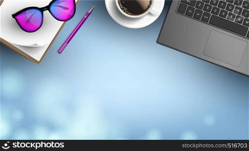 Business Workplace And Objects Flat Lay Vector. Hot Morning Aroma Drink Near Laptop, Computer Specs With Black Frame On Clipboard And Pencil On Workplace. Copy Space Top View Illustration. Business Workplace And Objects Flat Lay Vector