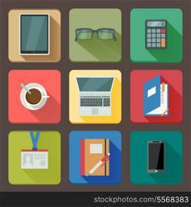 Business workplace icons set of notebook coffee tablet and mobile with shadows vector illustration
