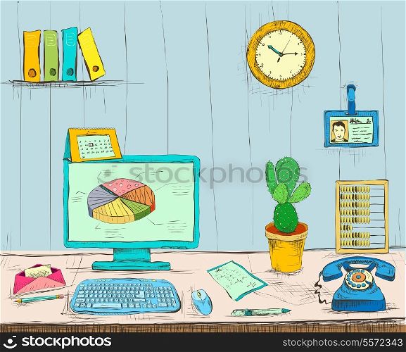 Business workplace office interior desk with computer cactus phone files and documents hand drawn isolated vector illustration sketch
