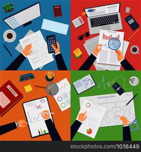 Business workplace top view. Businessman working analytics reporting documents making calculations writing drawing professional at work. Business work office, workplace table view illustration. Business workplace top view. Businessman working analytics reporting documents making calculations writing drawing professional at work