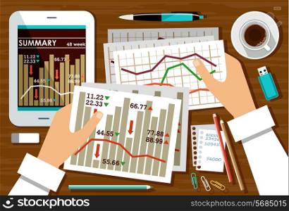 Business workplace with cup of coffee, office things, equipment, objects. Vector illustration