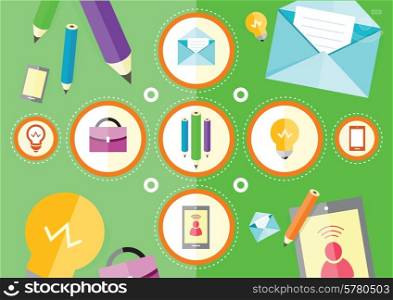 Business workplace with digital tablet smartphone briefcase lightbulb papers and various office objects on table flat design cartoon style. Creative concept