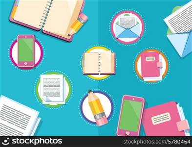 Business workplace with digital tablet smartphone papers and various office objects on table flat design cartoon style