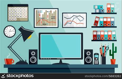 Business workplace with office things, equipment, objects. vector