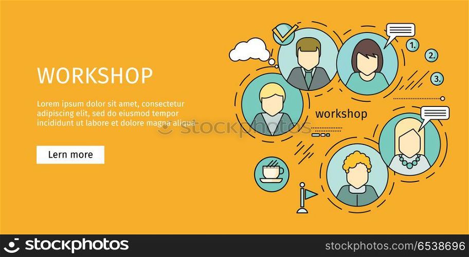 Business Workshop Banner.. Business workshop banner. Team building, workshop, training skill, develop ability, expertise, business people teamwork, personal development growth, team leader skills concept. Vector line art