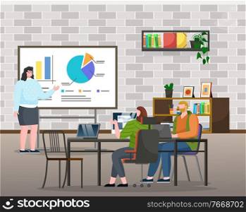 Business workshop for newcomers, improvement of workers skills. Presenter pointing on key features of structure, visual data on board. Office interior with shelves and furniture vector in flat. Business Seminar or Presentation for Students