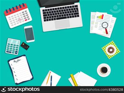 Business workspace. Desk top in office with laptop, document, phone, coffee and food. Flat icon of desktop top view. Above workplace with computer, calculator, plan. Concept of organization. Vector.