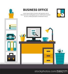 Business Workspace In Office Interior. Office workspace design concept witn desk rack waste basket and tools for job vector illustration