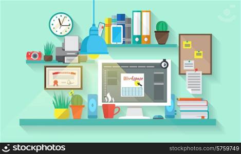 Business workspace in room interior with table computer bookshelfs and stationery vector illustration. Workspace In Room
