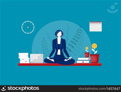 Business yoga concept. businesswoman meditating on table vector.