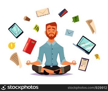 Business yoga concept. Office zen relax concentration at workspace table yoga practice vector illustration. Business concentration yoga, meditation zen pose. Business yoga concept. Office zen relax concentration at workspace table yoga practice vector illustration