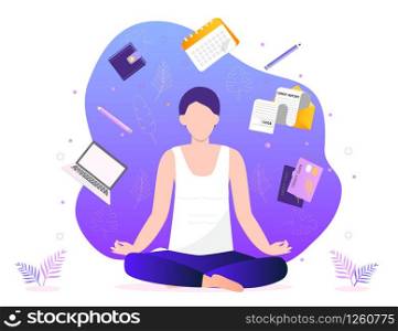 Business yoga concept vector. Office meditation, self-improvement, controlling mind and emotions, zen relax concentration yoga practice. Man is sitting in a lotus position.. Business yoga concept vector. Office meditation, self-improvement, controlling mind and emotions, zen relax concentration yoga practice. Man is sitting in a lotus