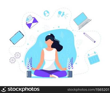 Business yoga concept vector. Office meditation, self-improvement, controlling mind and emotions, zen relax concentration yoga practice. Woman is sitting in a lotus position.. Business yoga concept vector. Office meditation, self-improvement, controlling mind and emotions, zen relax concentration yoga practice. Woman is sitting in lotus position.