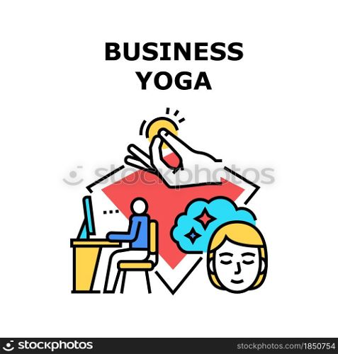 Business Yoga Vector Icon Concept. Business Yoga Exercise Training For Relaxation And Recreation After Heavy Work, Sport Exercising And Meditating, Meditation Activity Color Illustration. Business Yoga Vector Concept Color Illustration