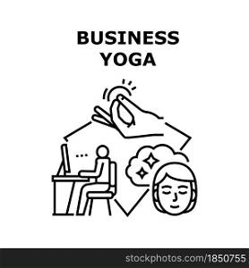 Business Yoga Vector Icon Concept. Business Yoga Exercise Training For Relaxation And Recreation After Heavy Work, Sport Exercising And Meditating, Meditation Activity Black Illustration. Business Yoga Vector Concept Black Illustration