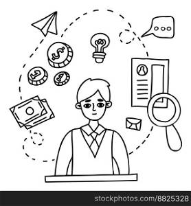 Business young guy with arrows, money, resume and strategy icons. Concept for planning, strategy, idea, job search. Isolated vector outlin drawings. Male business character doodle.