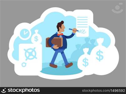 Businessman 2D vector web banner, poster. Finance and capital growth. Business corporation. Banker flat character on cartoon background. Commercial deal printable patches, colorful web elements. Businessman 2D vector web banner, poster